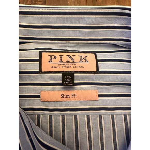 Pink Thomas Pink Men’s Button Shirt Size 16.5 42 Slim Fit Striped Office Preppy - Picture 2 of 11